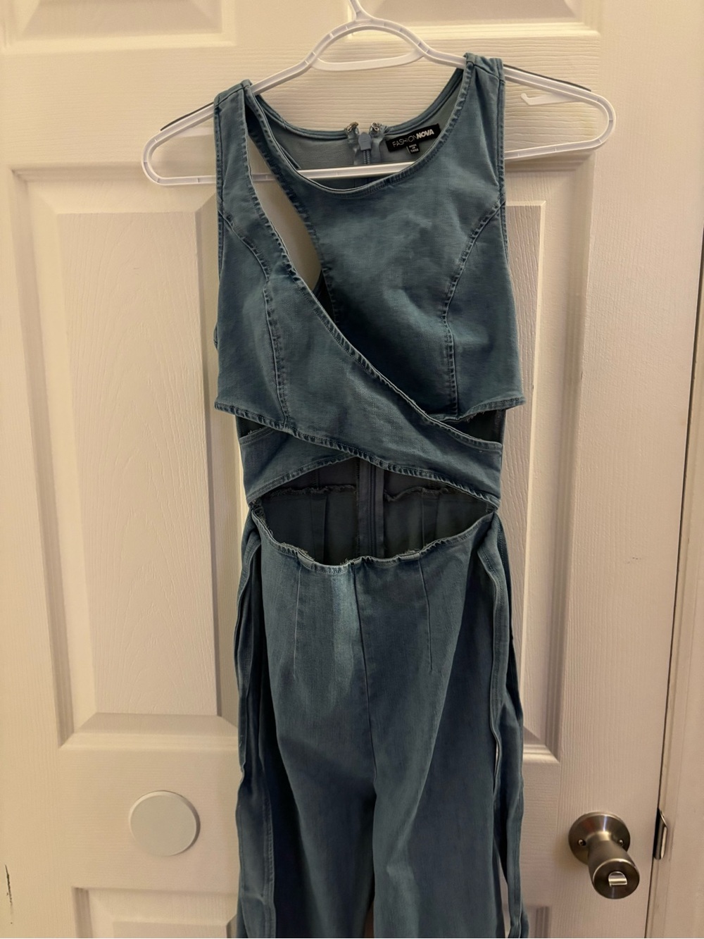 Fashion Nova Light Blue Denim Jumpsuit with Zip Back